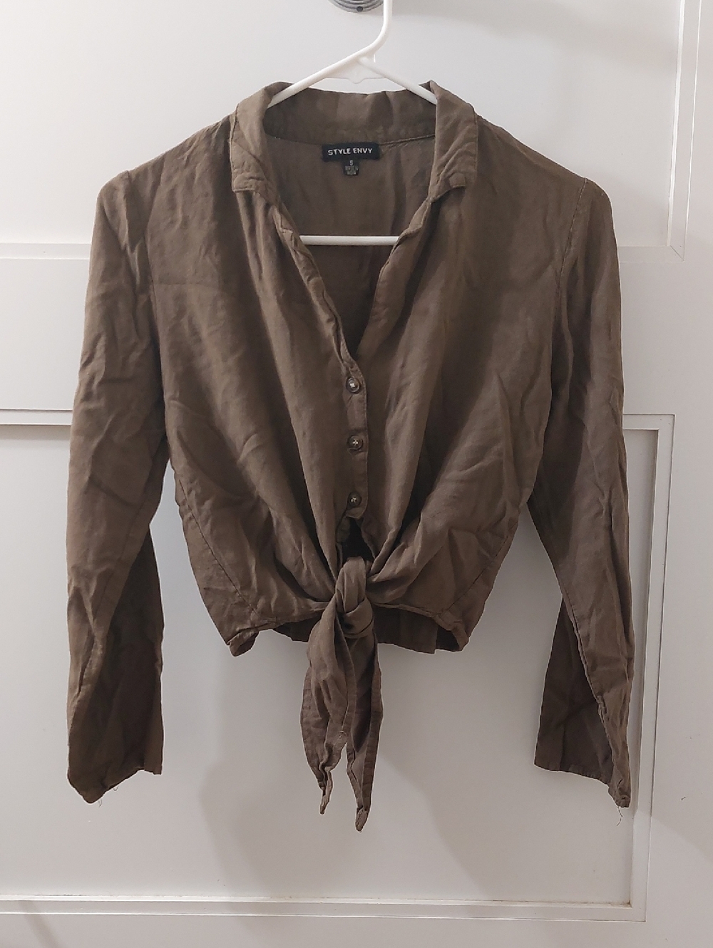 Style Envy Olive-Brown Cropped Tie Front Button Down Shirt